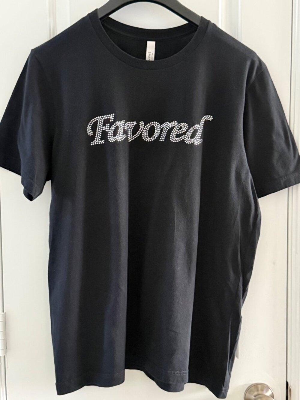 Black Bella+Canvas XL T-Shirt With Rhinestone "Favored" Design 100% Cotton Crew